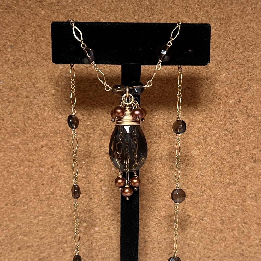 Unique Smokey Quartz Freshwater Pearl gold necklace handmade